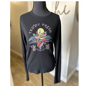 Teddy Fresh Looney Tunes Tweety Bird‎ Thermal Long Sleeve Shirt Womens XL Black